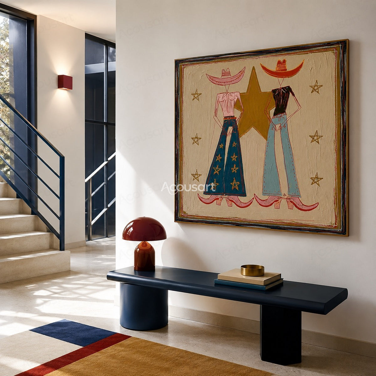 Textured cowboy couple wall art with Western hats, star details, and Americana style painting