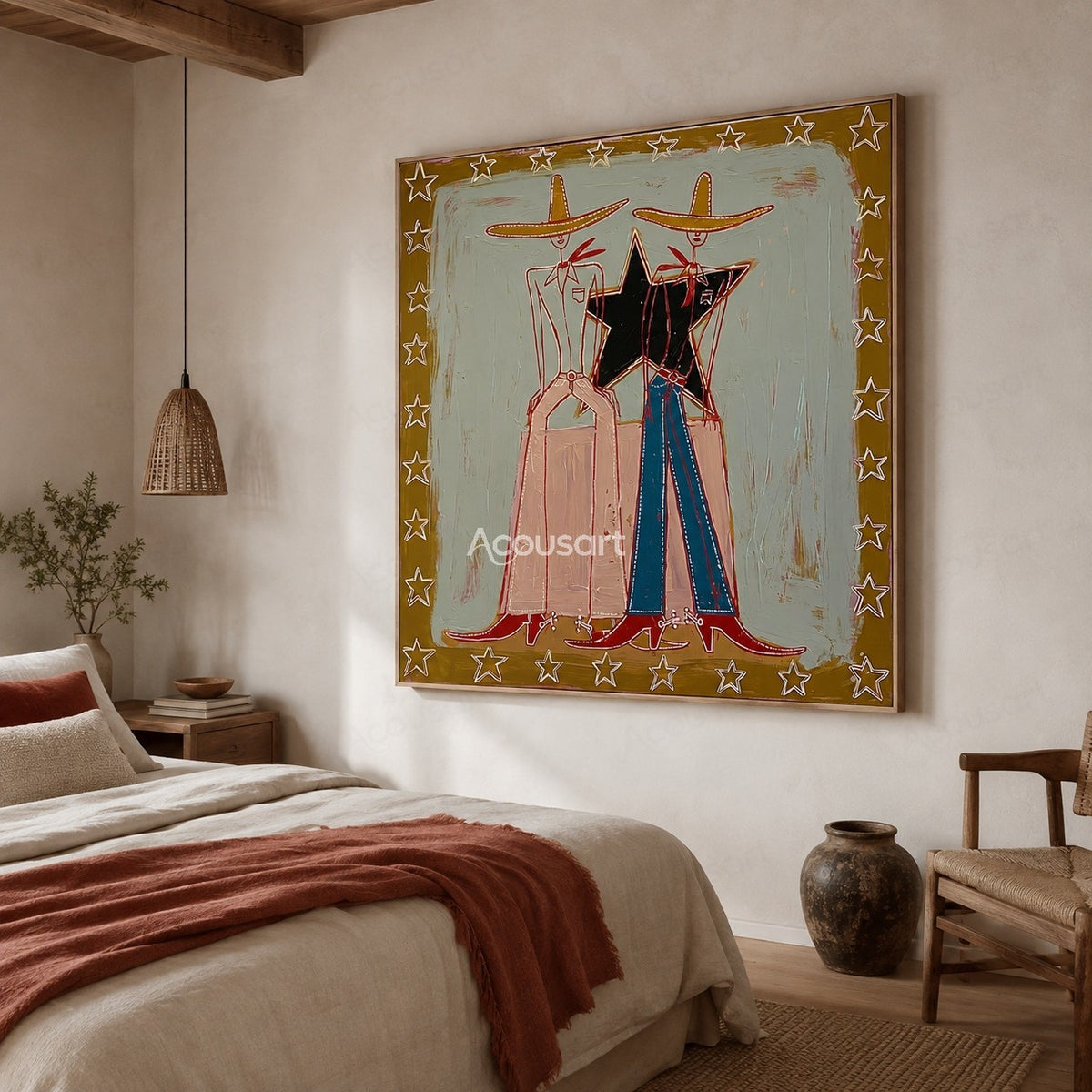 Cowboy couple textured wall art with Western hats, stars, and Americana style painting