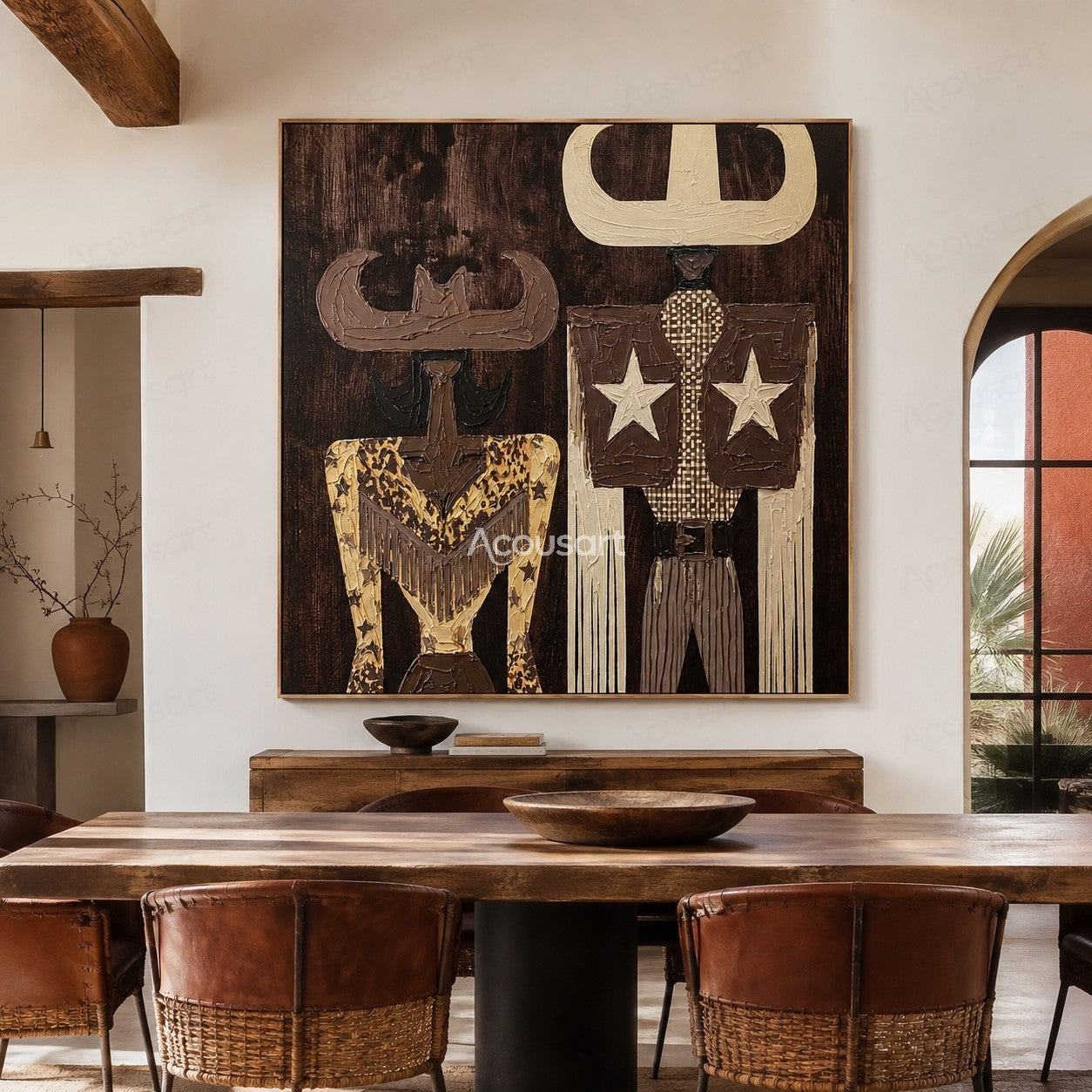 Textured cowboy couple wall art with Western hats, stars, and vintage Americana style