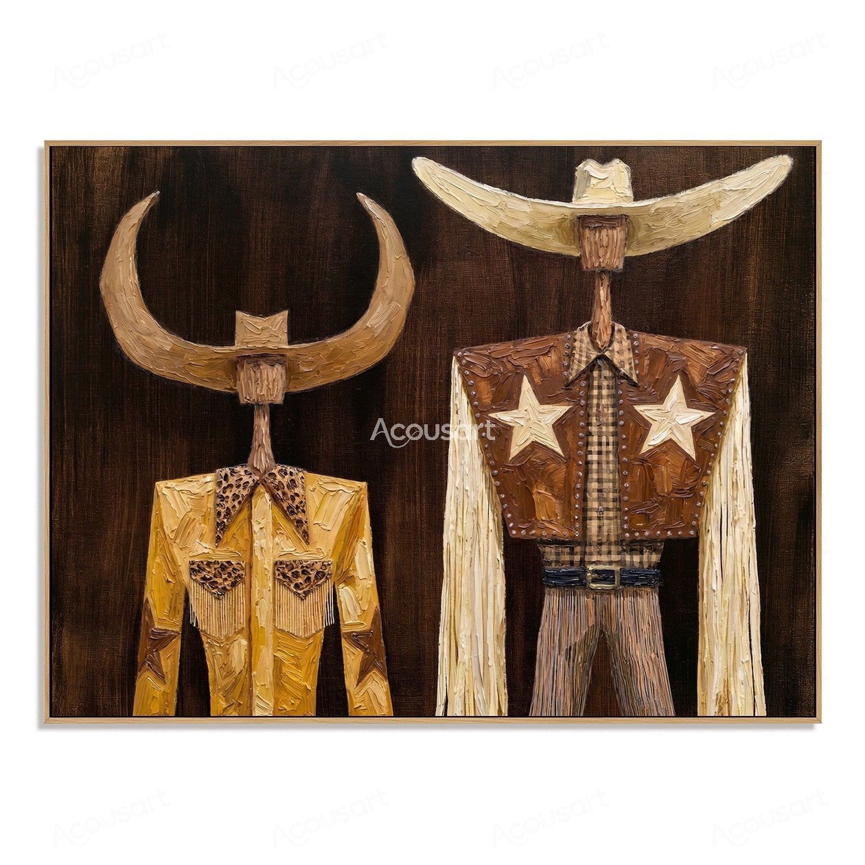 Textured Western cowboy duo wall art with cowboy hats, star details, and rustic Americana style