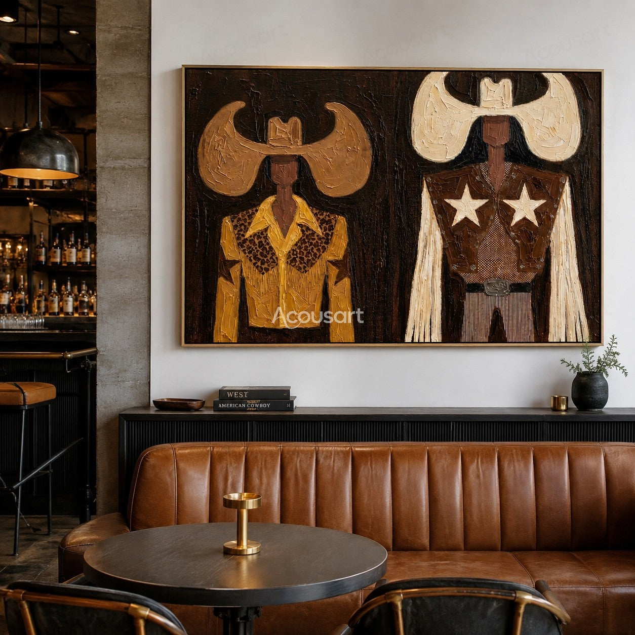 Textured cowboy duo wall art with Western hats, star details, leather outfits, and rustic Americana style