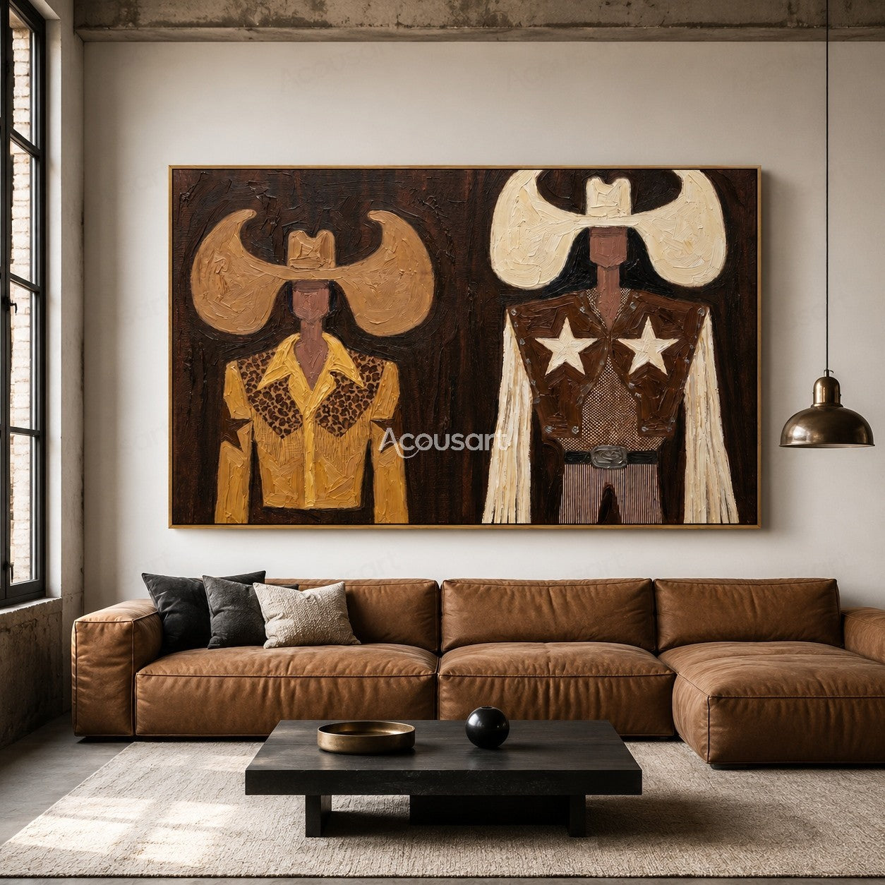 Textured cowboy duo wall art with Western hats, star details, leather outfits, and rustic Americana style