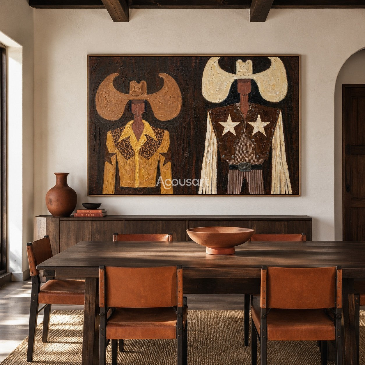 Textured cowboy duo wall art with Western hats, star details, leather outfits, and rustic Americana style