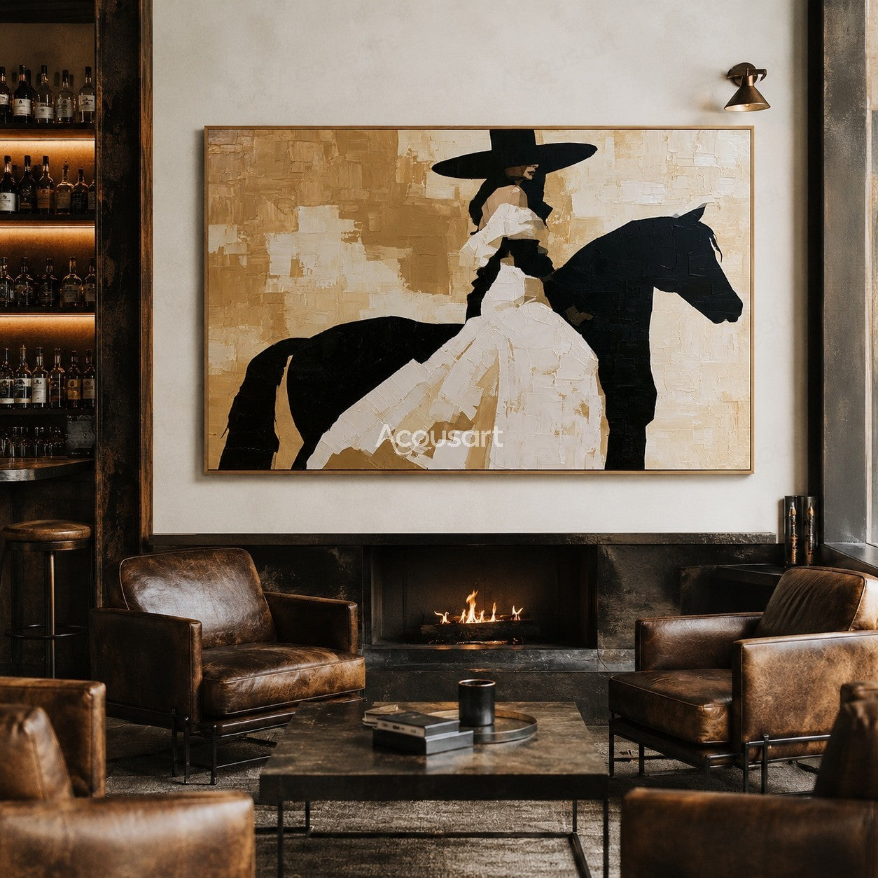 Black horse rider western wall art with cowboy hat, white outfit, and textured abstract painting style