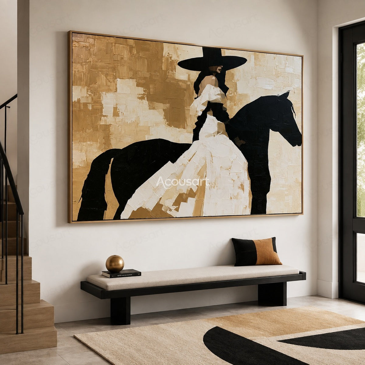 Black horse rider western wall art with cowboy hat, white outfit, and textured abstract painting style