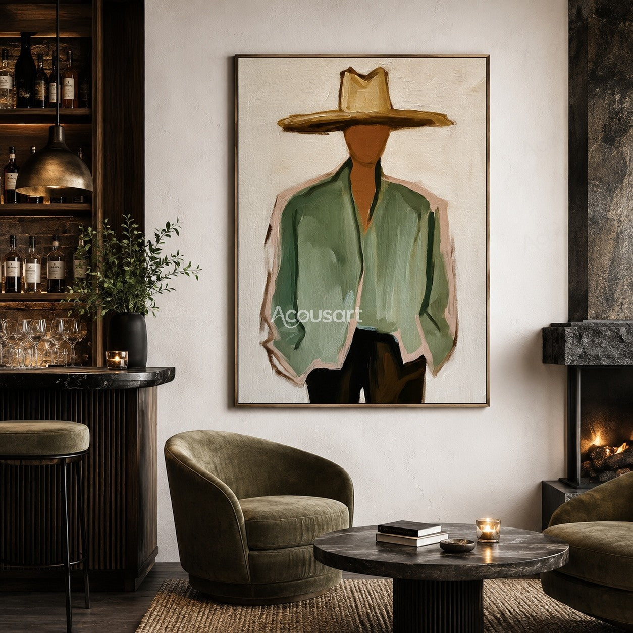 Minimalist cowboy portrait wall art with wide hat, green jacket, and Western style textured painting