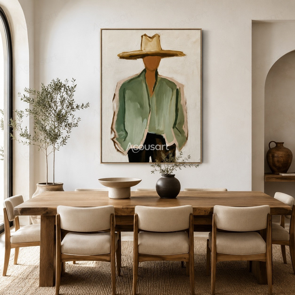 Minimalist cowboy portrait wall art with wide hat, green jacket, and Western style textured painting