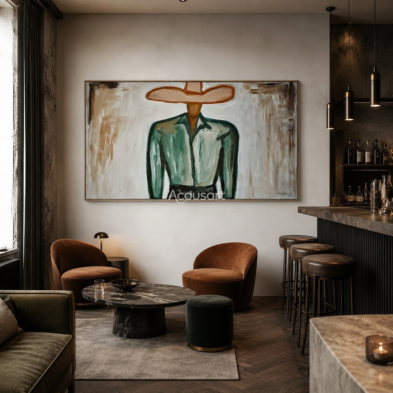 Minimalist cowboy portrait wall art with wide hat, green jacket, and neutral Western style painting