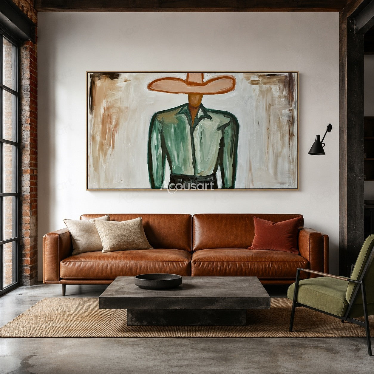 Minimalist cowboy portrait wall art with wide hat, green jacket, and neutral Western style painting