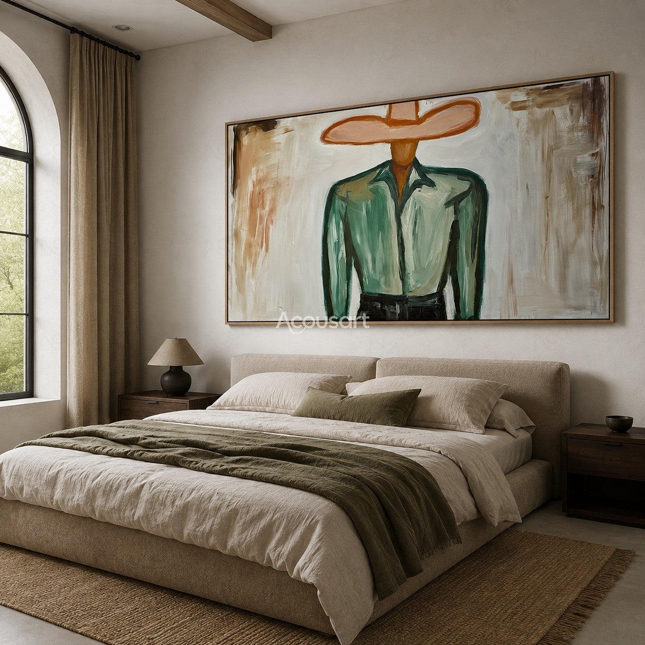 Minimalist cowboy portrait wall art with wide hat, green jacket, and neutral Western style painting