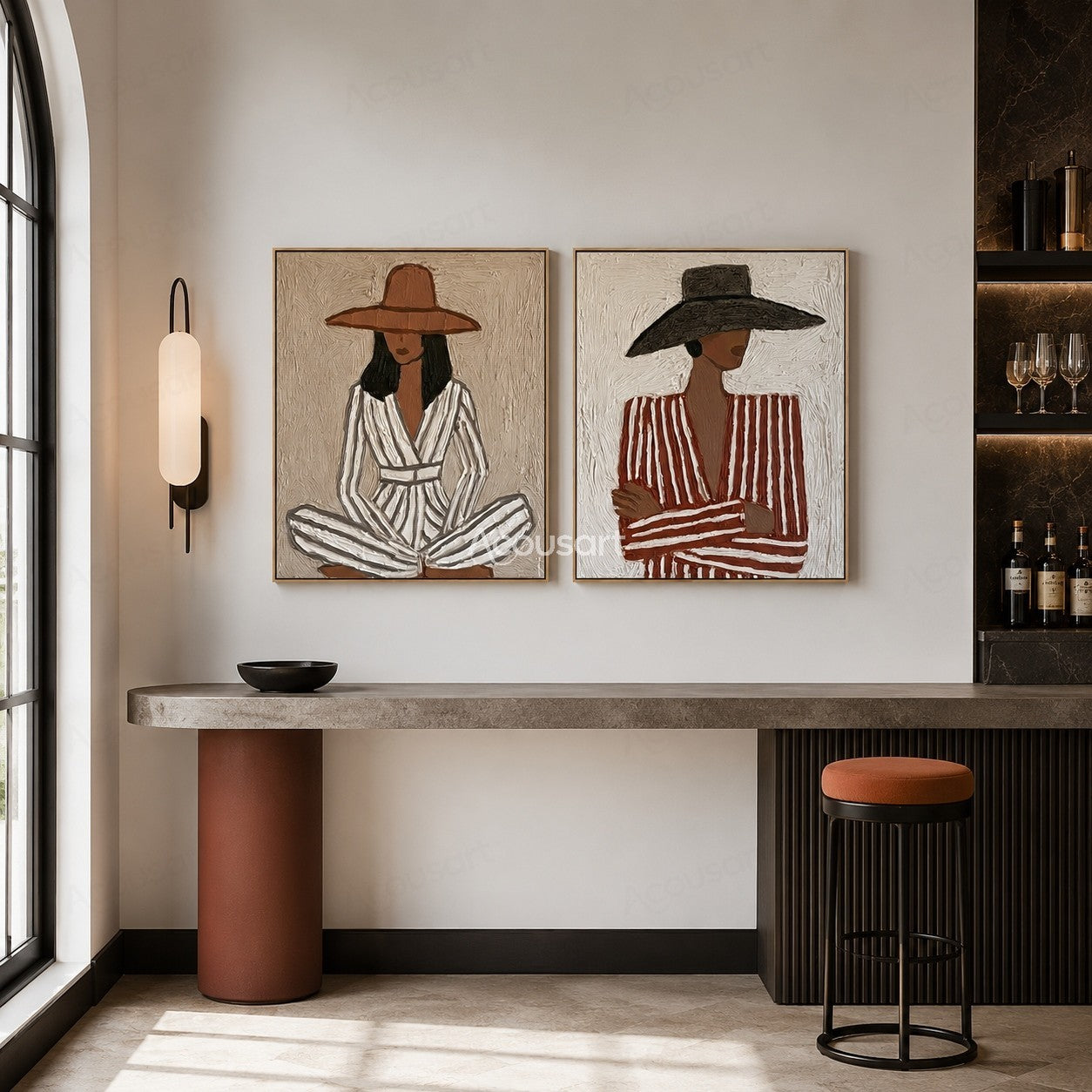 Two panel minimalist woman portrait wall art with wide brim hats and neutral textured colors