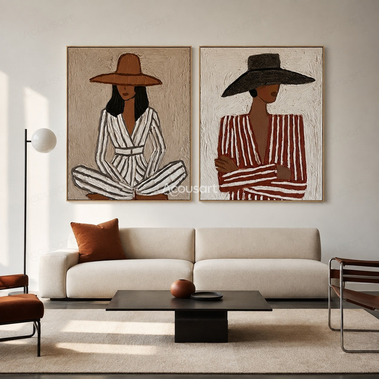Two panel minimalist woman portrait wall art with wide brim hats and neutral textured colors