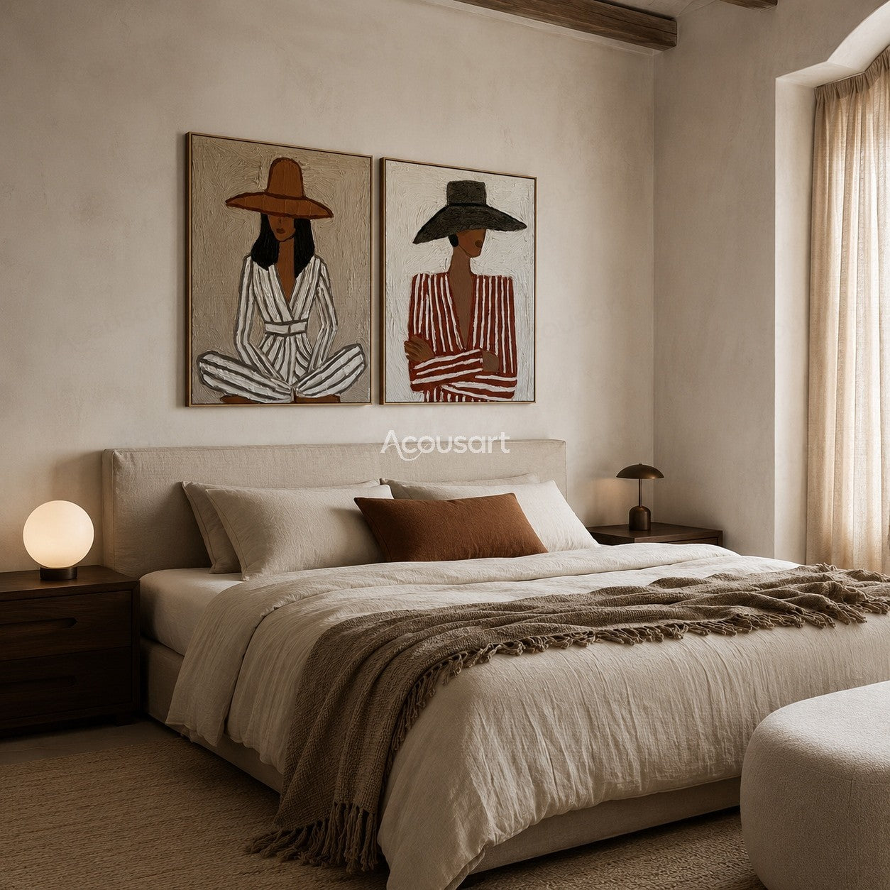 Two panel minimalist woman portrait wall art with wide brim hats and neutral textured colors