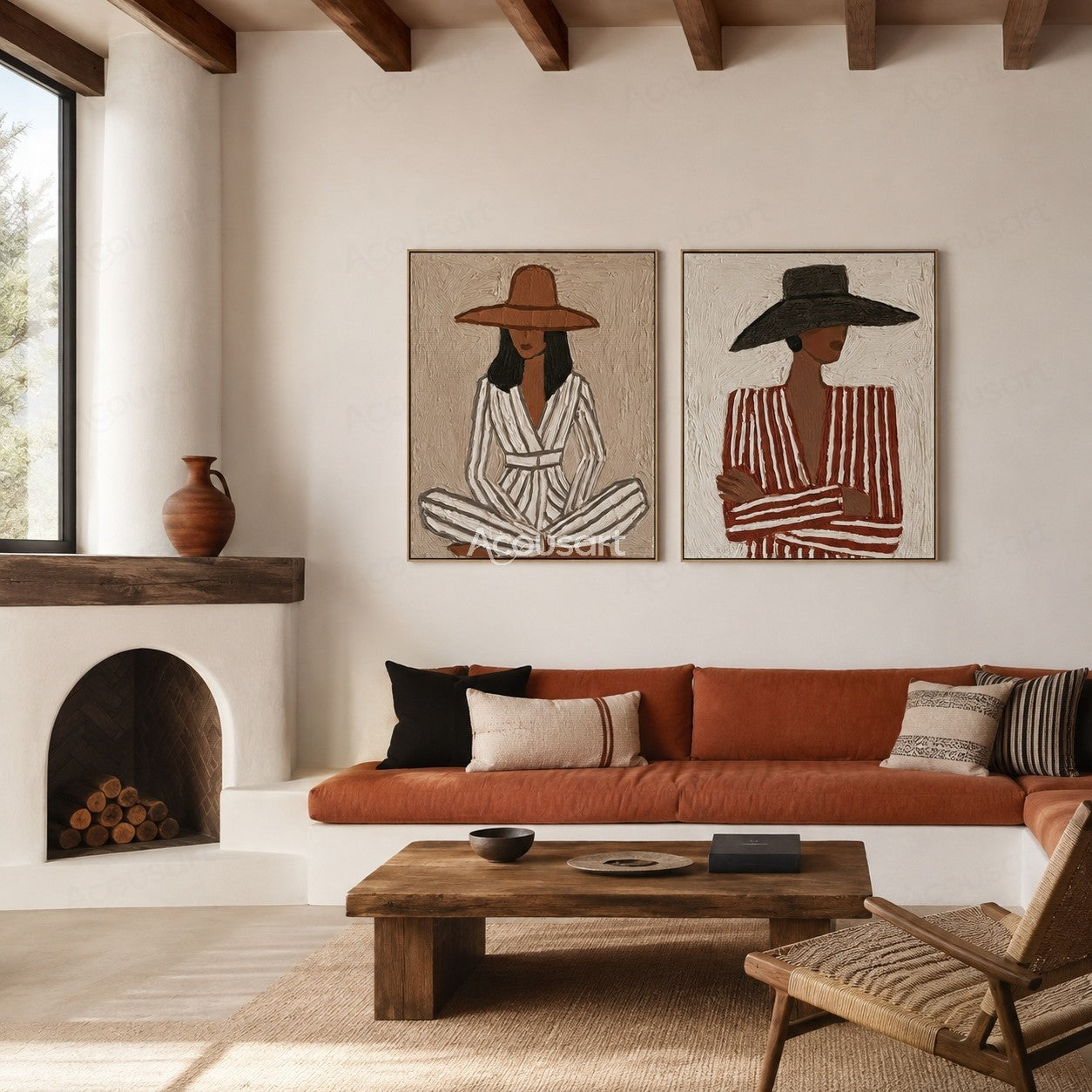 Two panel minimalist woman portrait wall art with wide brim hats and neutral textured colors