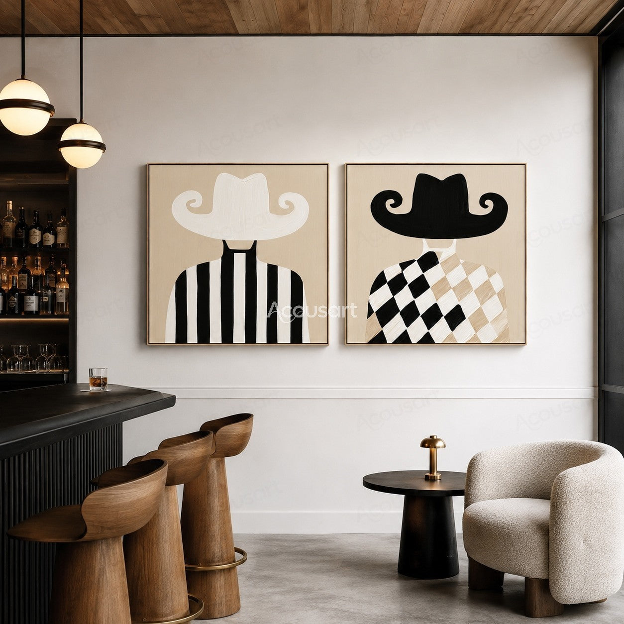 Two panel minimalist cowboy wall art set with black and white hats and striped checker outfits