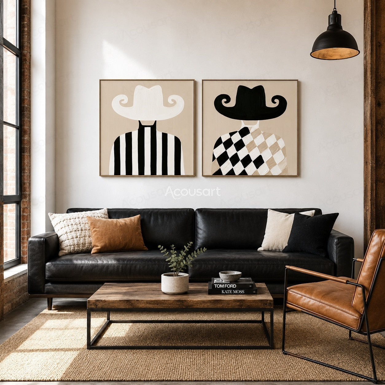 Two panel minimalist cowboy wall art set with black and white hats and striped checker outfits