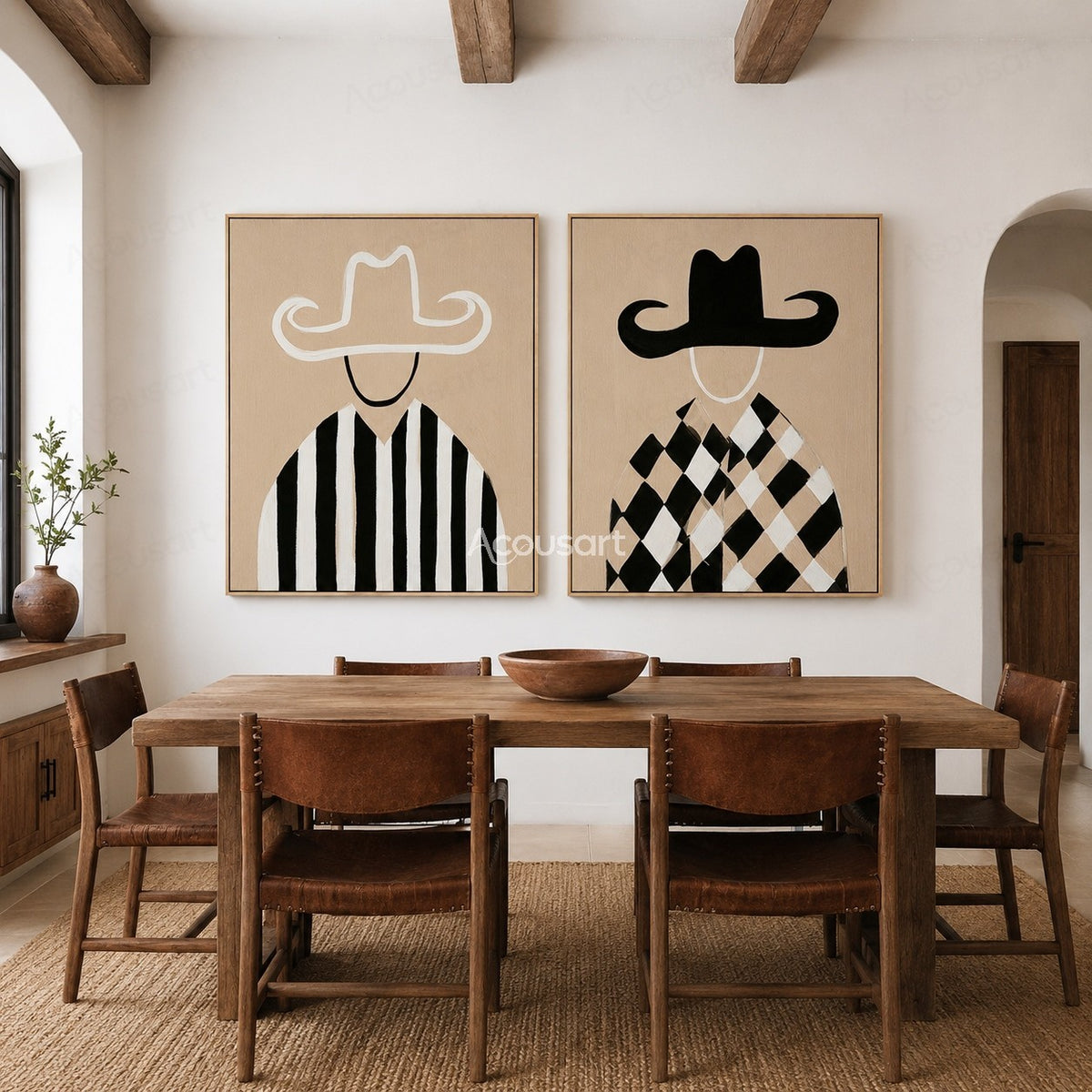 Two panel black and white cowboy wall art with hats and modern striped outfits