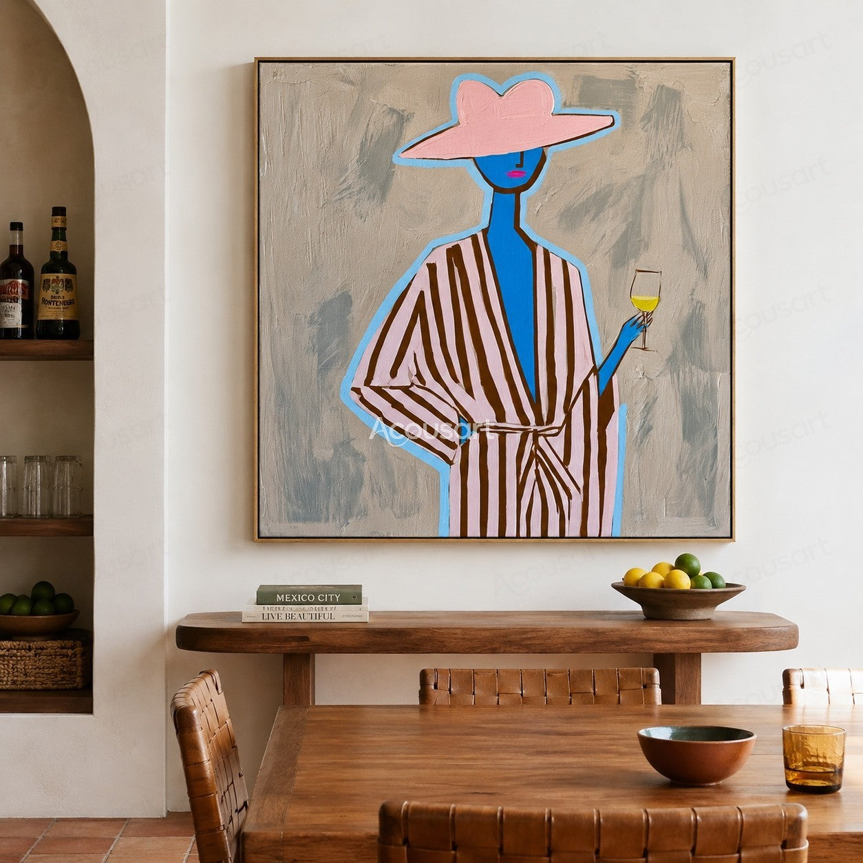 Colorful minimalist woman portrait wall art with pink hat striped outfit and glass