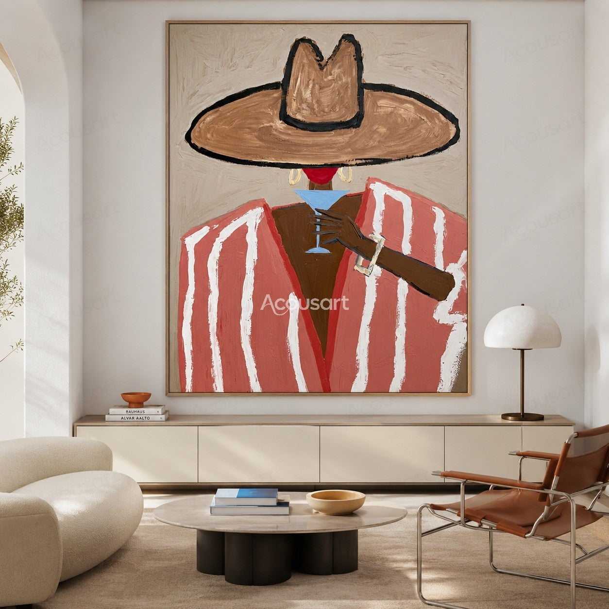 Minimalist cowgirl portrait wall art with pink striped blazer, tan hat, and cocktail glass