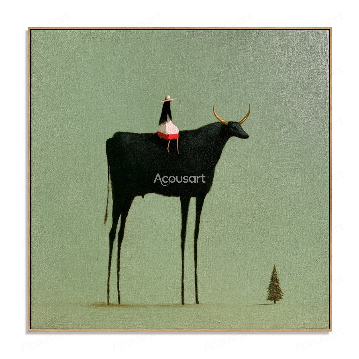 Minimalist western wall art featuring a black longhorn cow with small rider on a sage green background