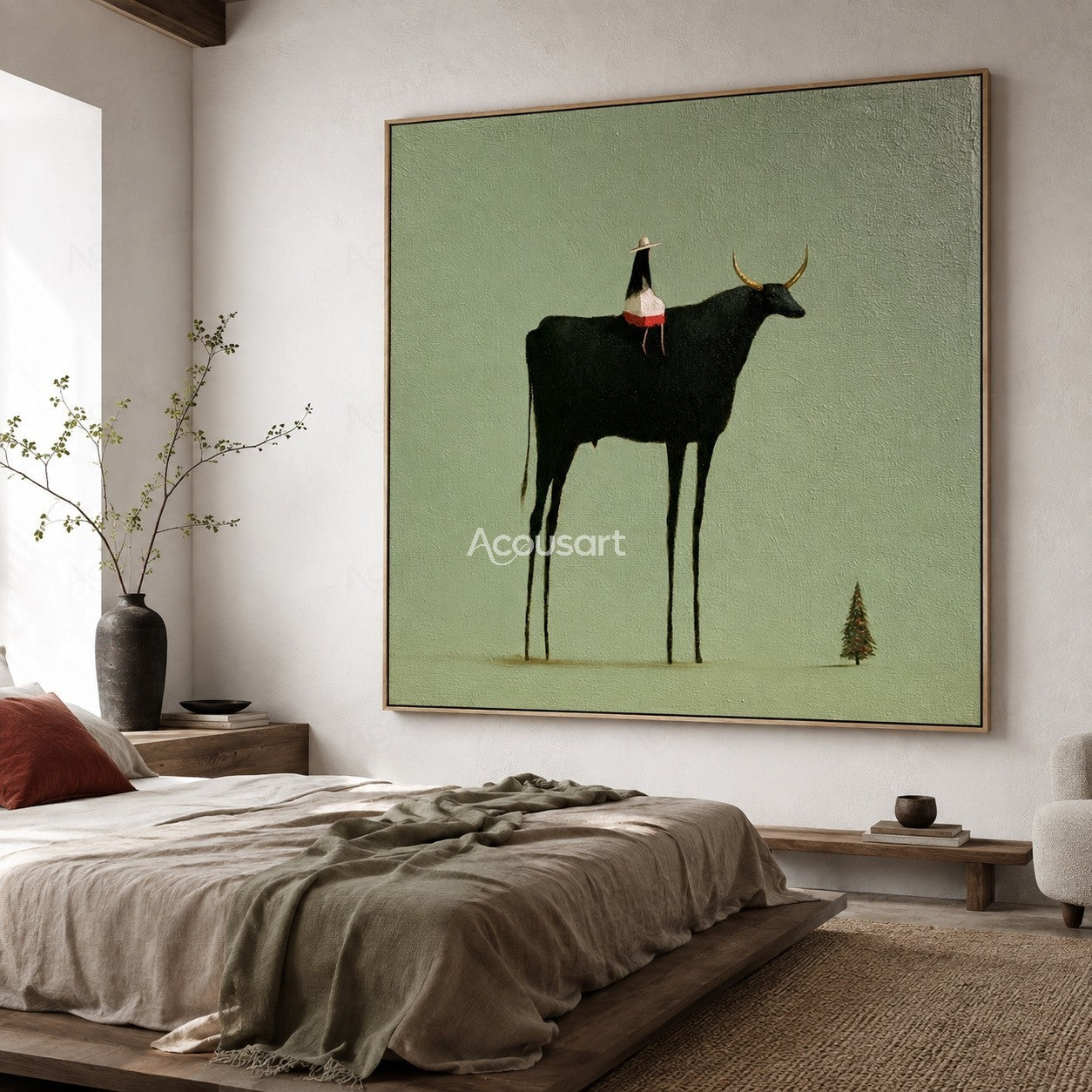 Minimalist western wall art featuring a black longhorn cow with small rider on a sage green background