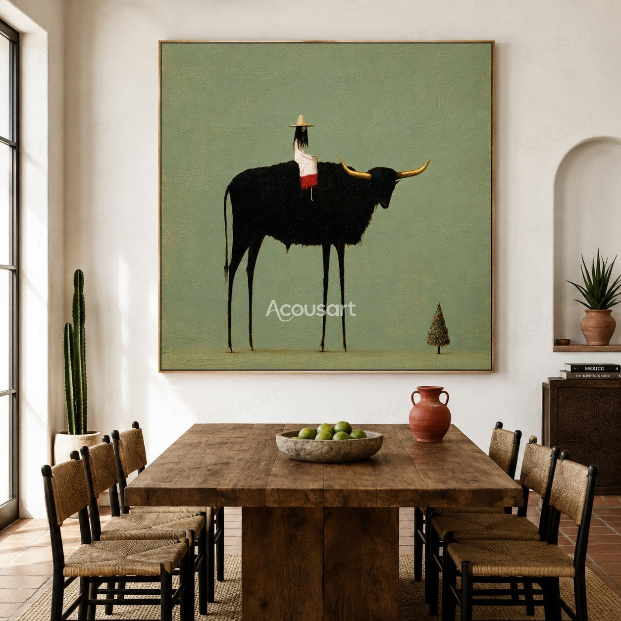 Minimalist longhorn cow wall art with small rider, golden horns, sage green background, and tiny tree