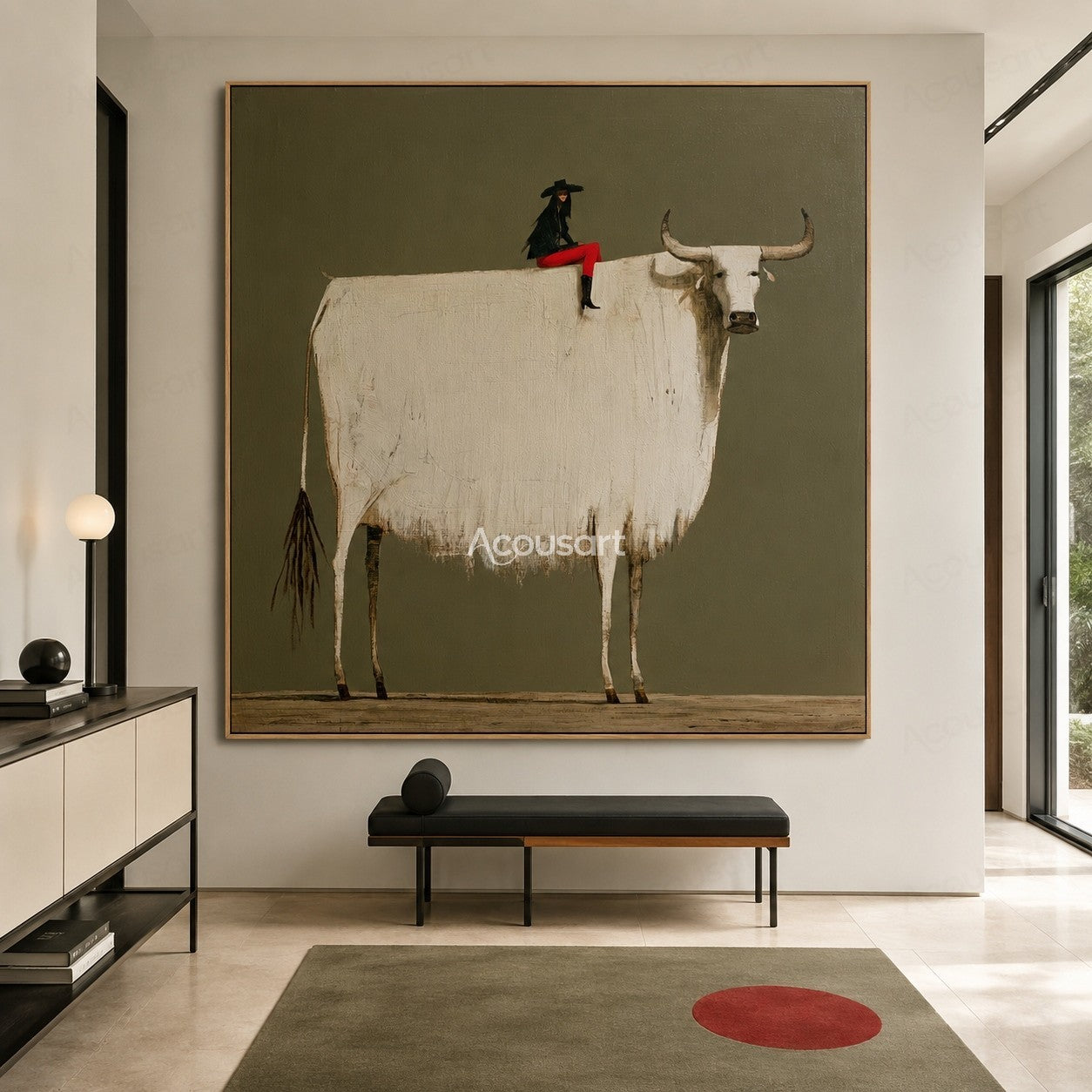 Minimalist white longhorn cow wall art with rider in red outfit and black hat on olive green background