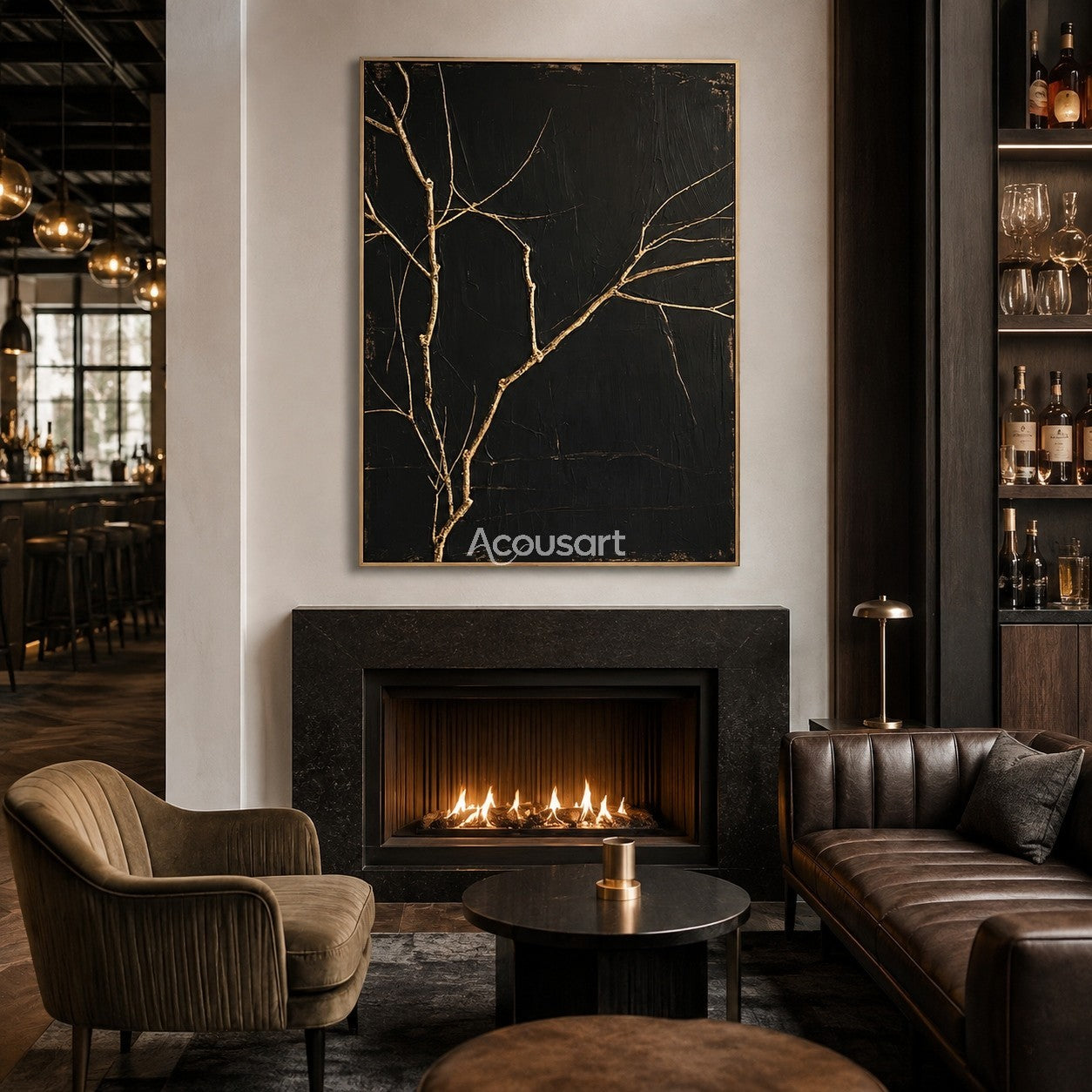 Black botanical wall art with golden tree branches and textured dark background