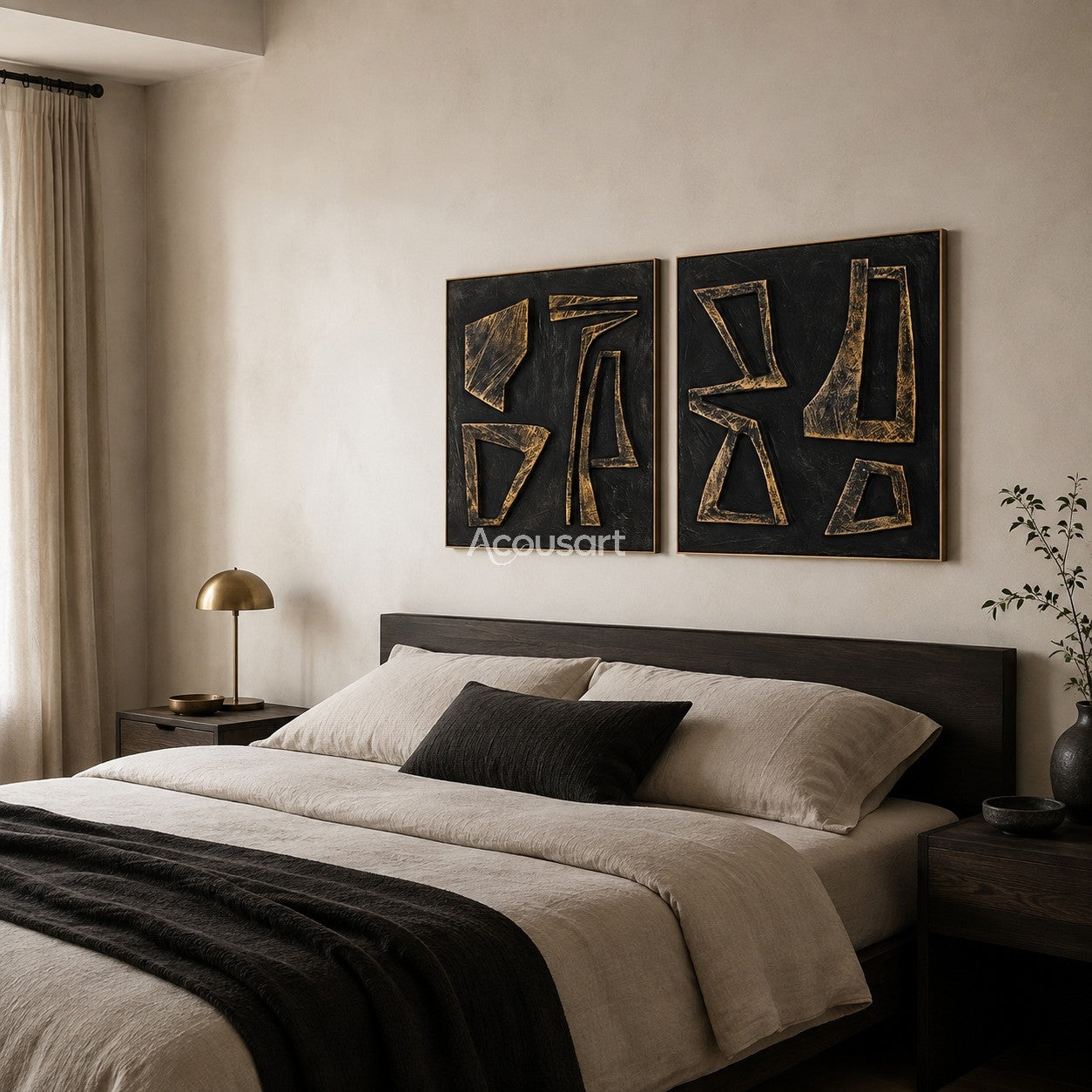 Black and gold geometric diptych wall art with textured abstract shapes