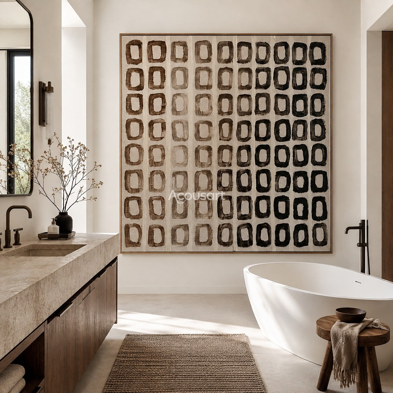 Neutral abstract wall art with hand-painted earth tone grid pattern in brown, taupe, and black