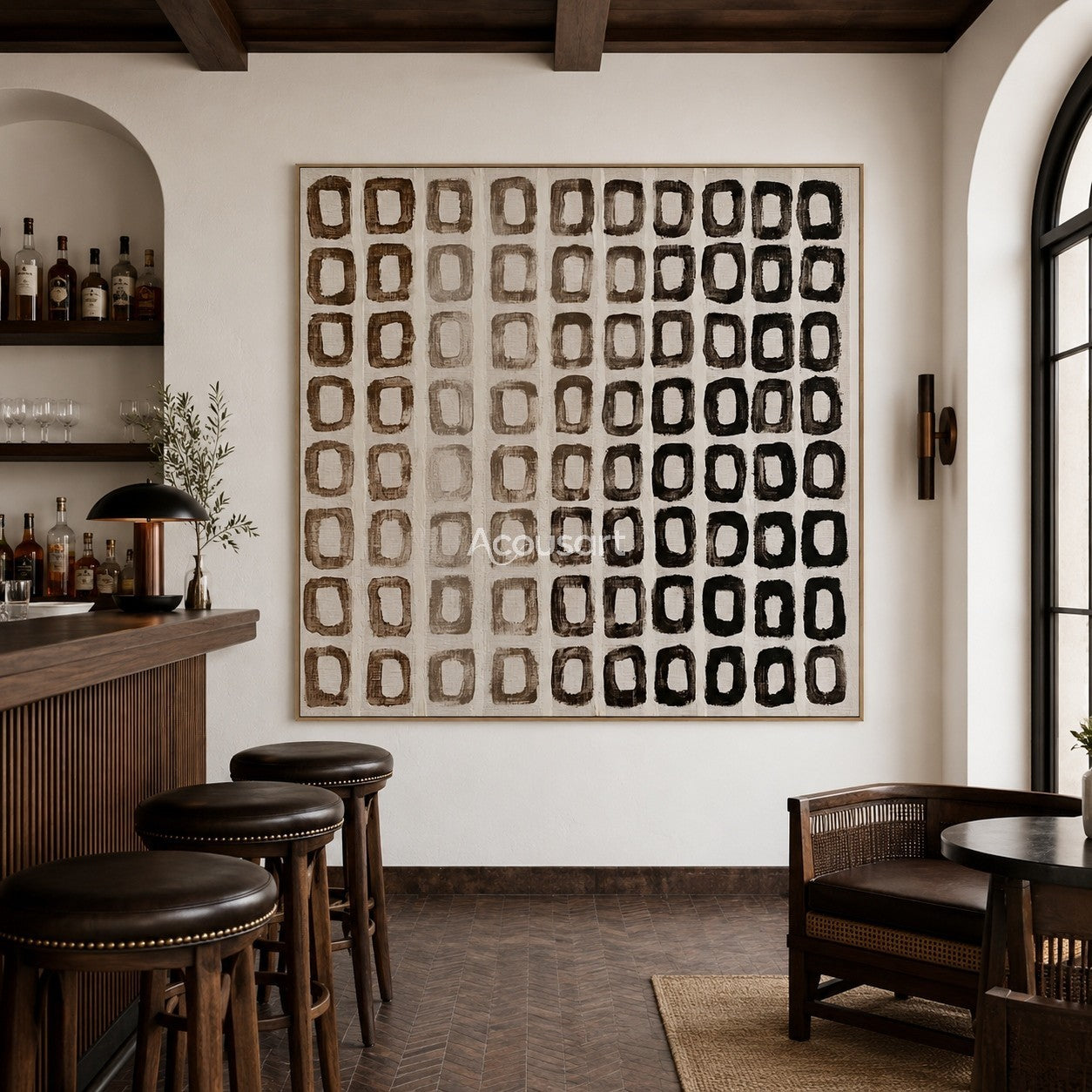 Neutral abstract wall art with hand-painted earth tone grid pattern in brown, taupe, and black