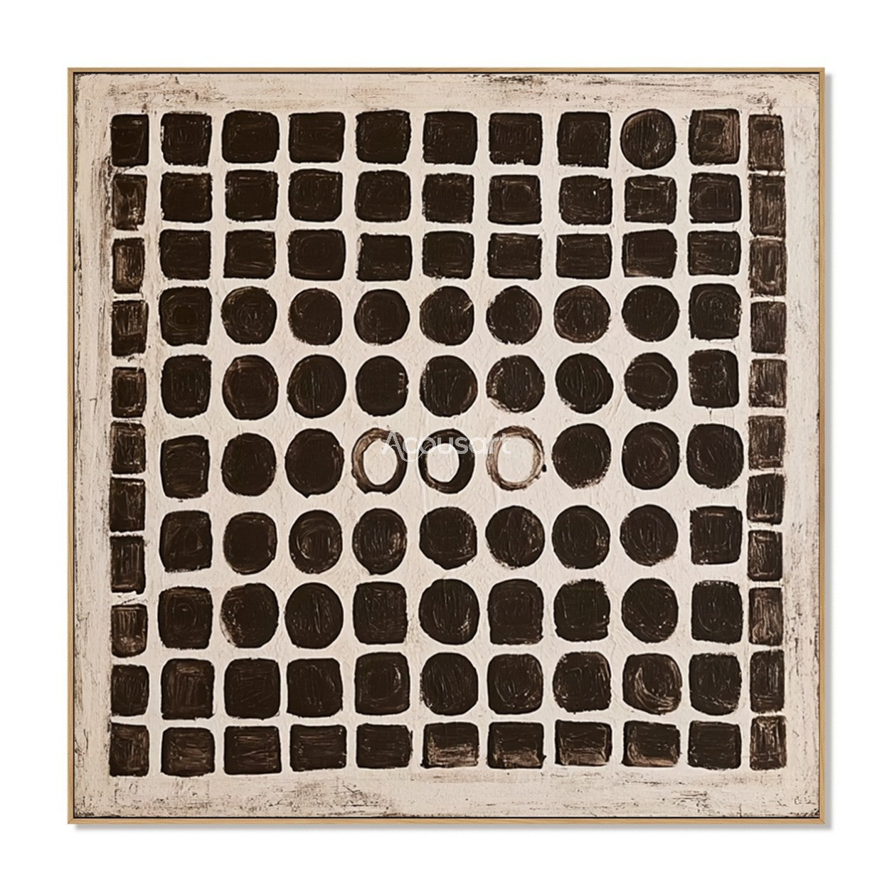 Black and white abstract wall art with hand-painted grid of squares and circles on a neutral background
