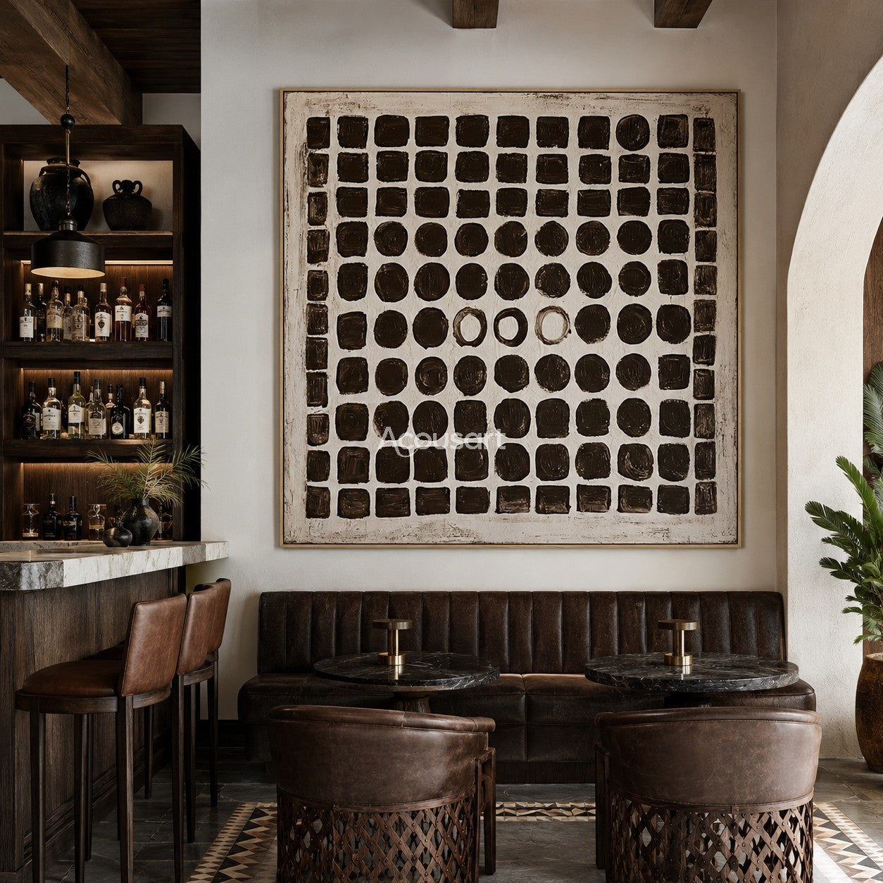 Black and white abstract wall art with hand-painted grid of squares and circles on a neutral background