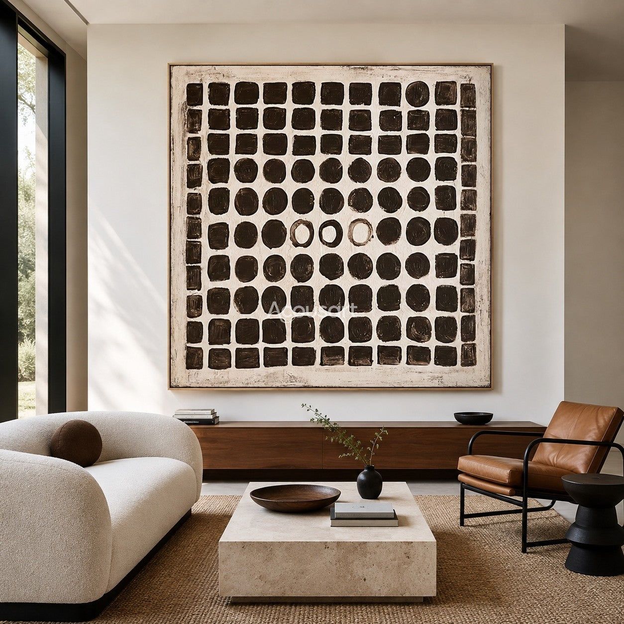 Black and white abstract wall art with hand-painted grid of squares and circles on a neutral background