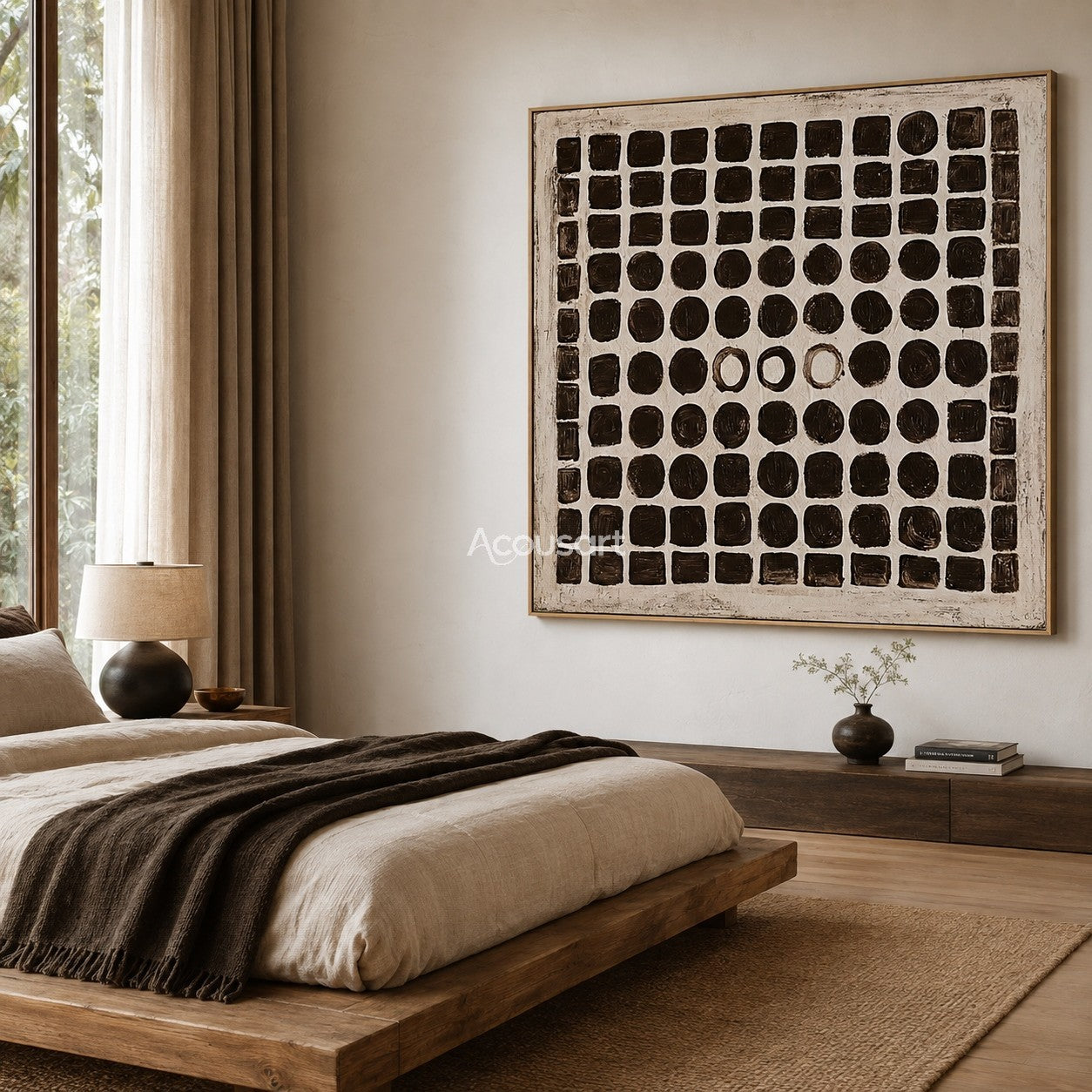 Black and white abstract wall art with hand-painted grid of squares and circles on a neutral background