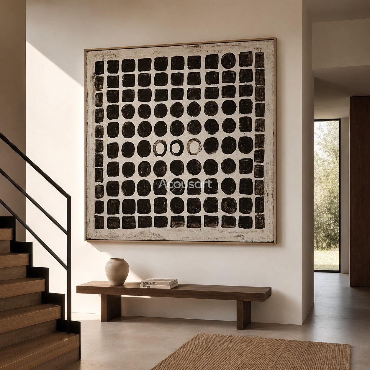 Black and white abstract wall art with hand-painted grid of squares and circles on a neutral background
