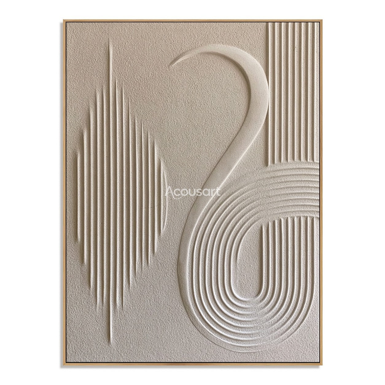 Neutral textured abstract wall art with ivory 3D curved lines and vertical minimalist relief patterns