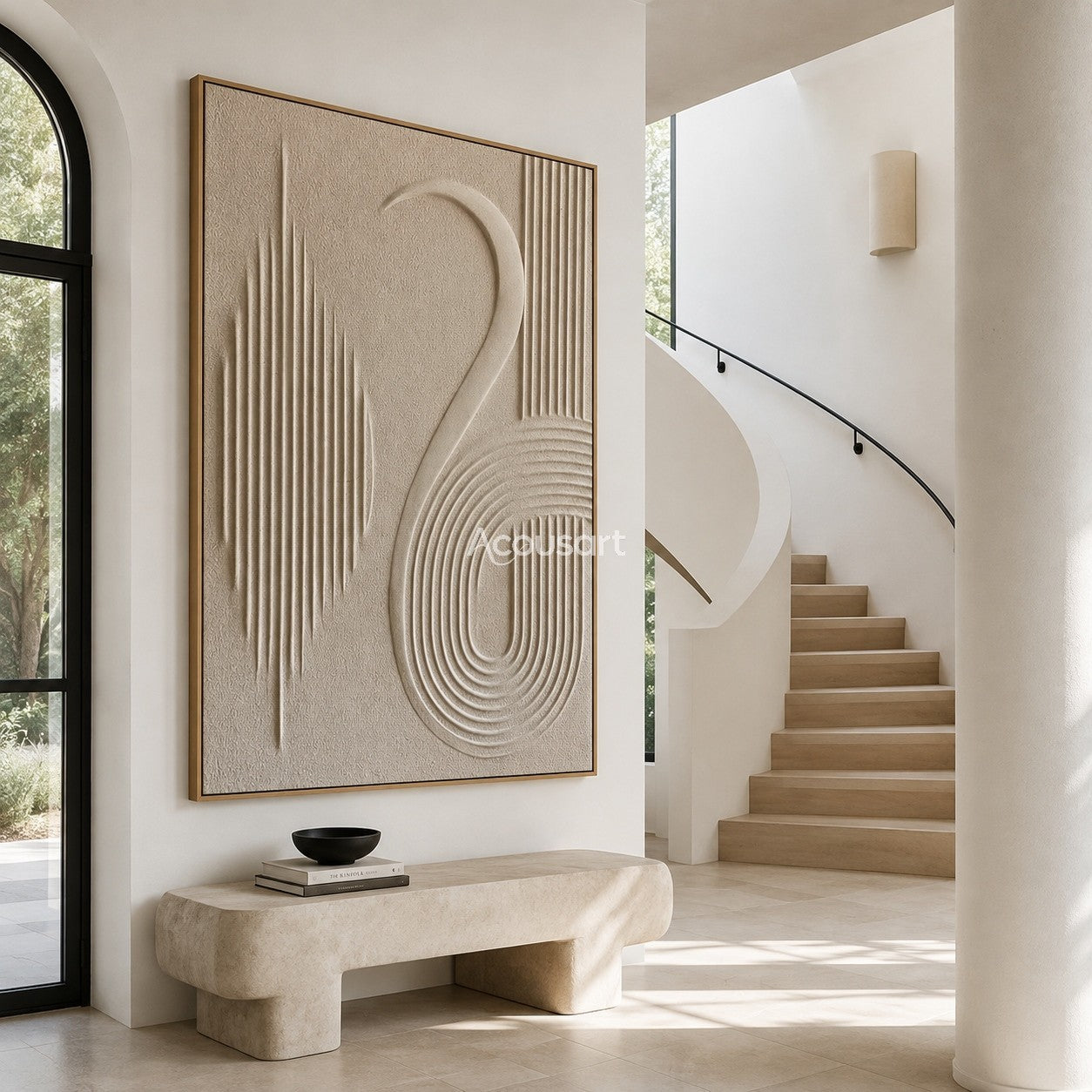 Neutral textured abstract wall art with ivory 3D curved lines and vertical minimalist relief patterns