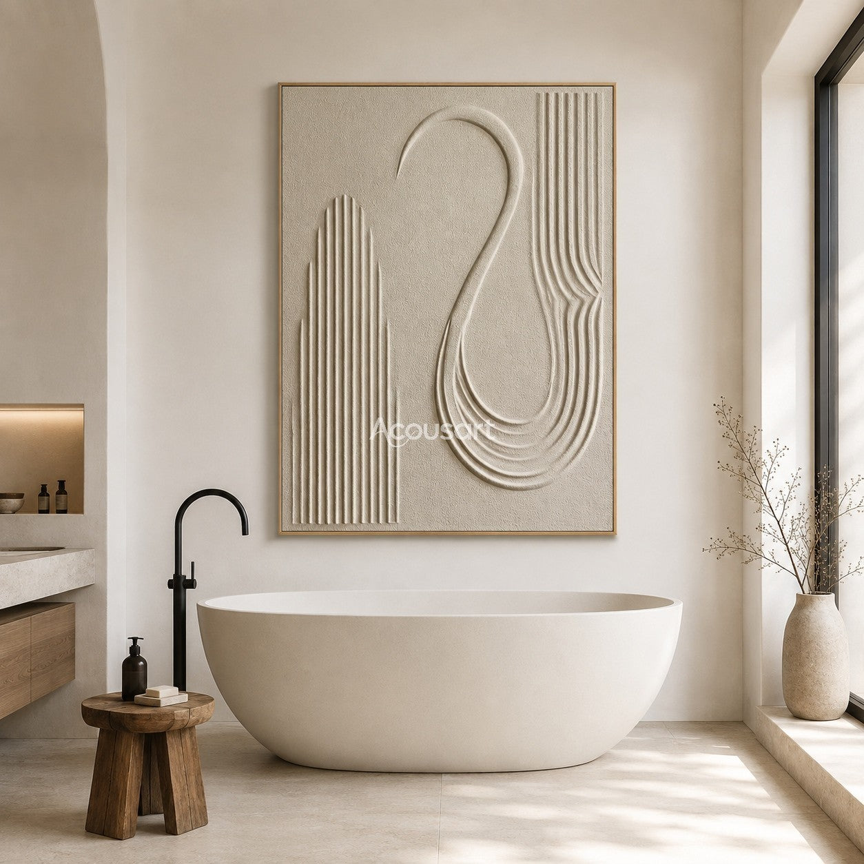 Neutral textured abstract wall art in ivory beige with curved lines and minimalist 3D relief design