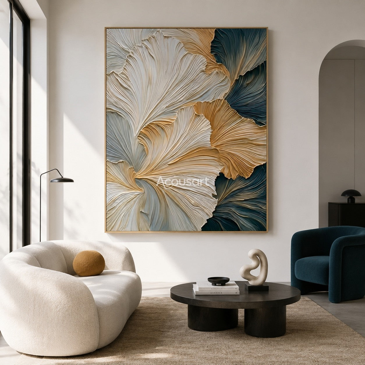Textured botanical wall art with layered ginkgo leaves in ivory, gold, and deep teal tones