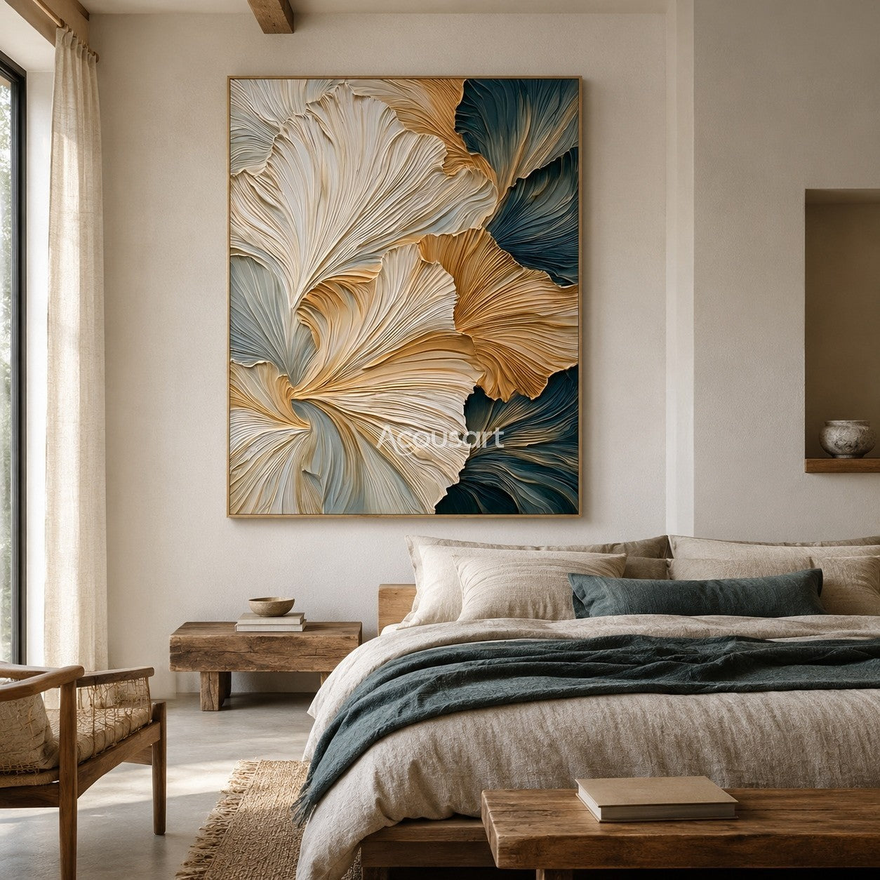 Textured botanical wall art with layered ginkgo leaves in ivory, gold, and deep teal tones
