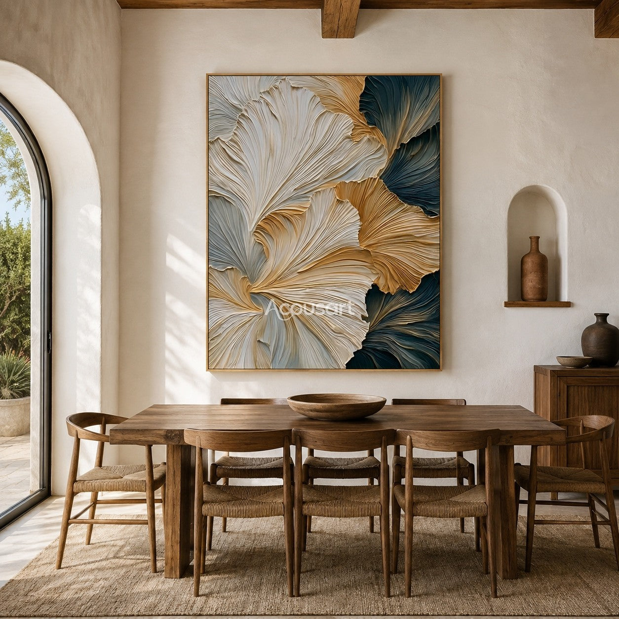 Textured botanical wall art with layered ginkgo leaves in ivory, gold, and deep teal tones