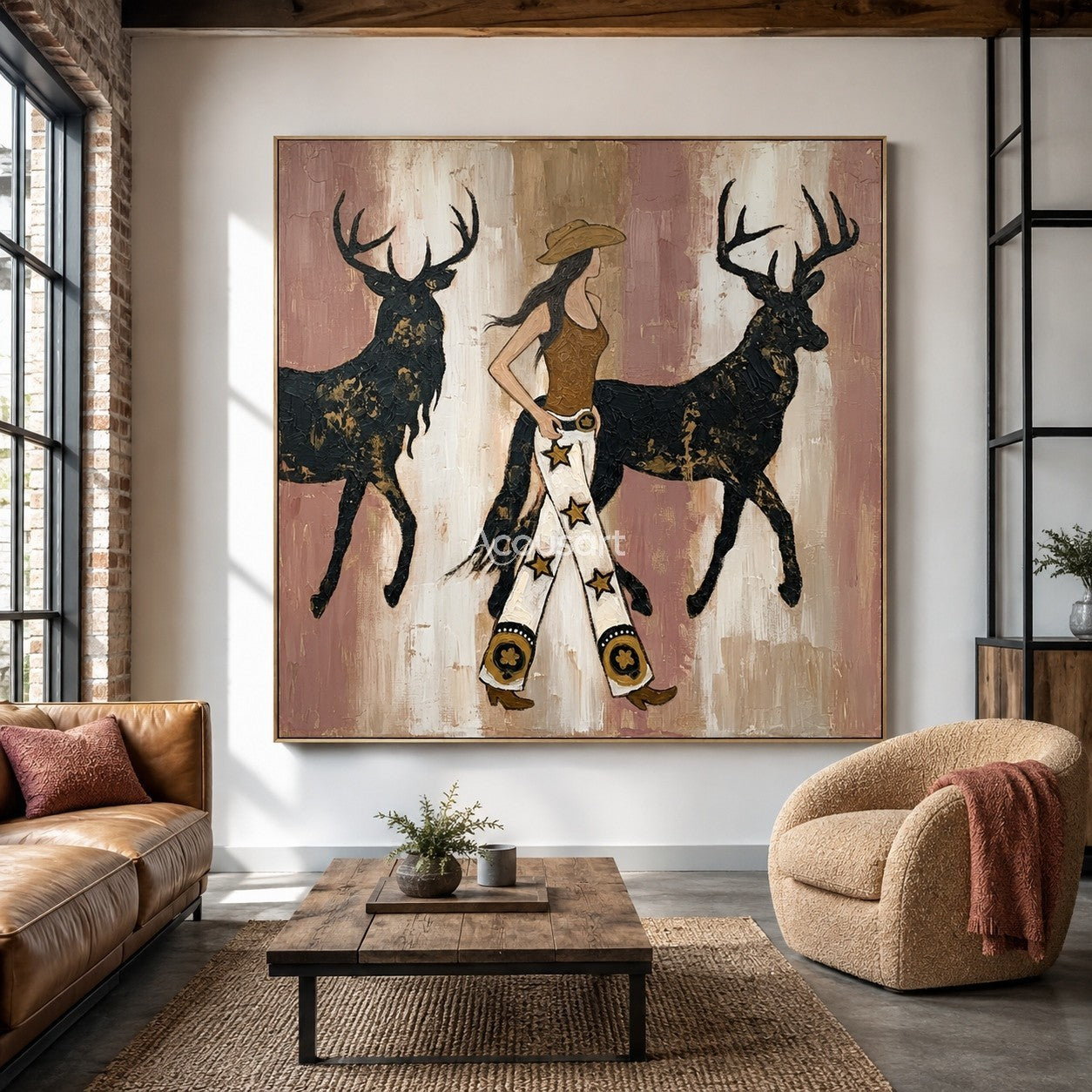 Textured cowgirl and deer oil painting featuring a western woman in star pants walking between two golden-accented stags.