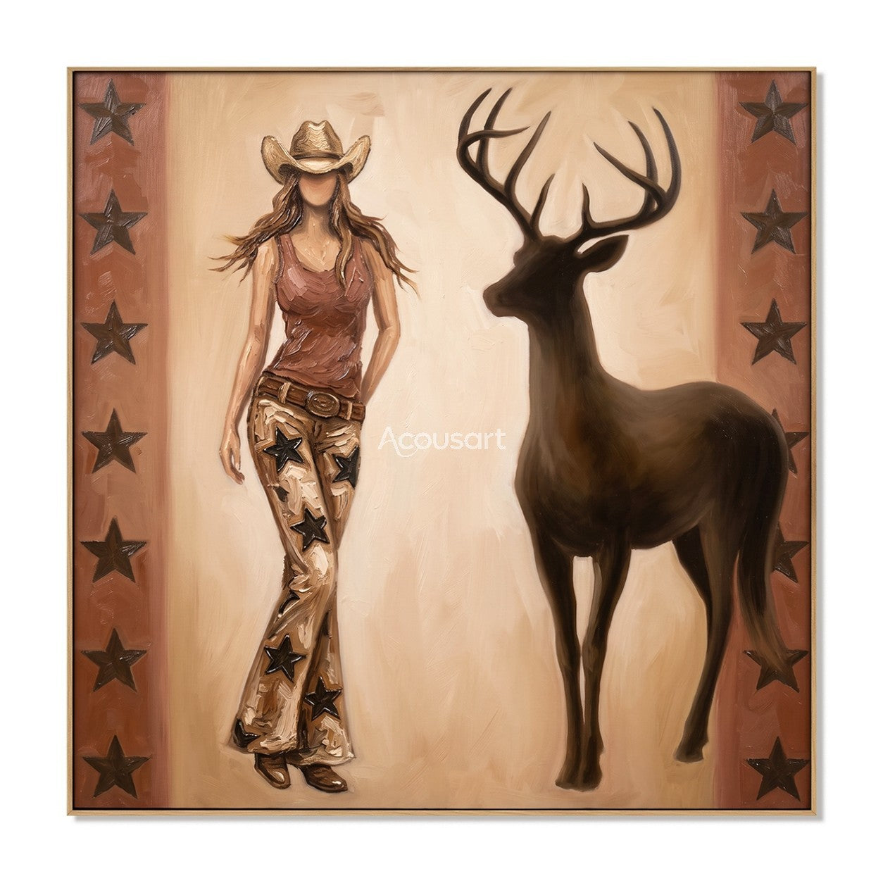 Textured vintage cowgirl wall art featuring a woman in star-patterned pants next to a stag with star borders.