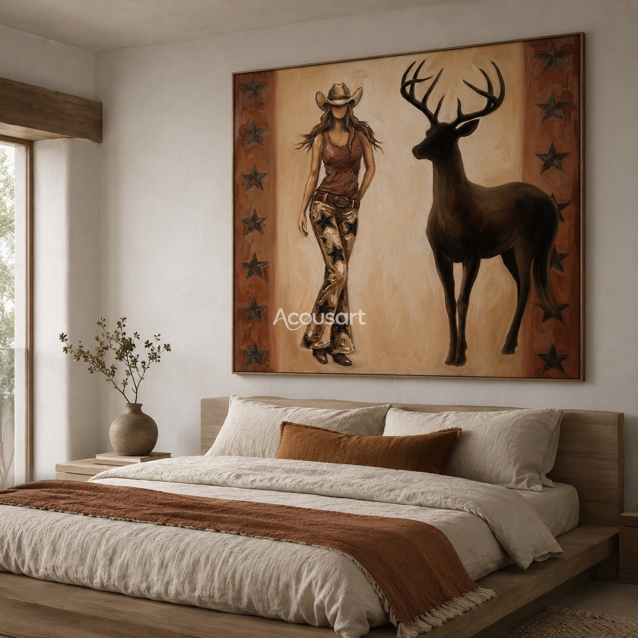 Textured vintage cowgirl wall art featuring a woman in star-patterned pants next to a stag with star borders.