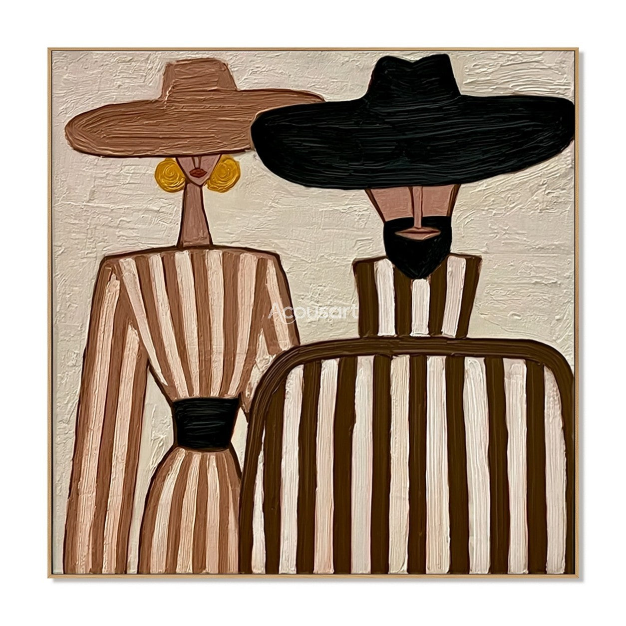 Textured abstract couple canvas art featuring a man and woman in wide-brim hats and striped outfits.