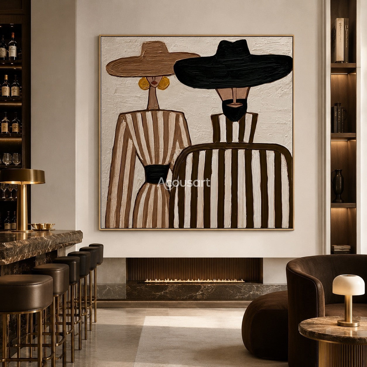 Textured abstract couple canvas art featuring a man and woman in wide-brim hats and striped outfits.