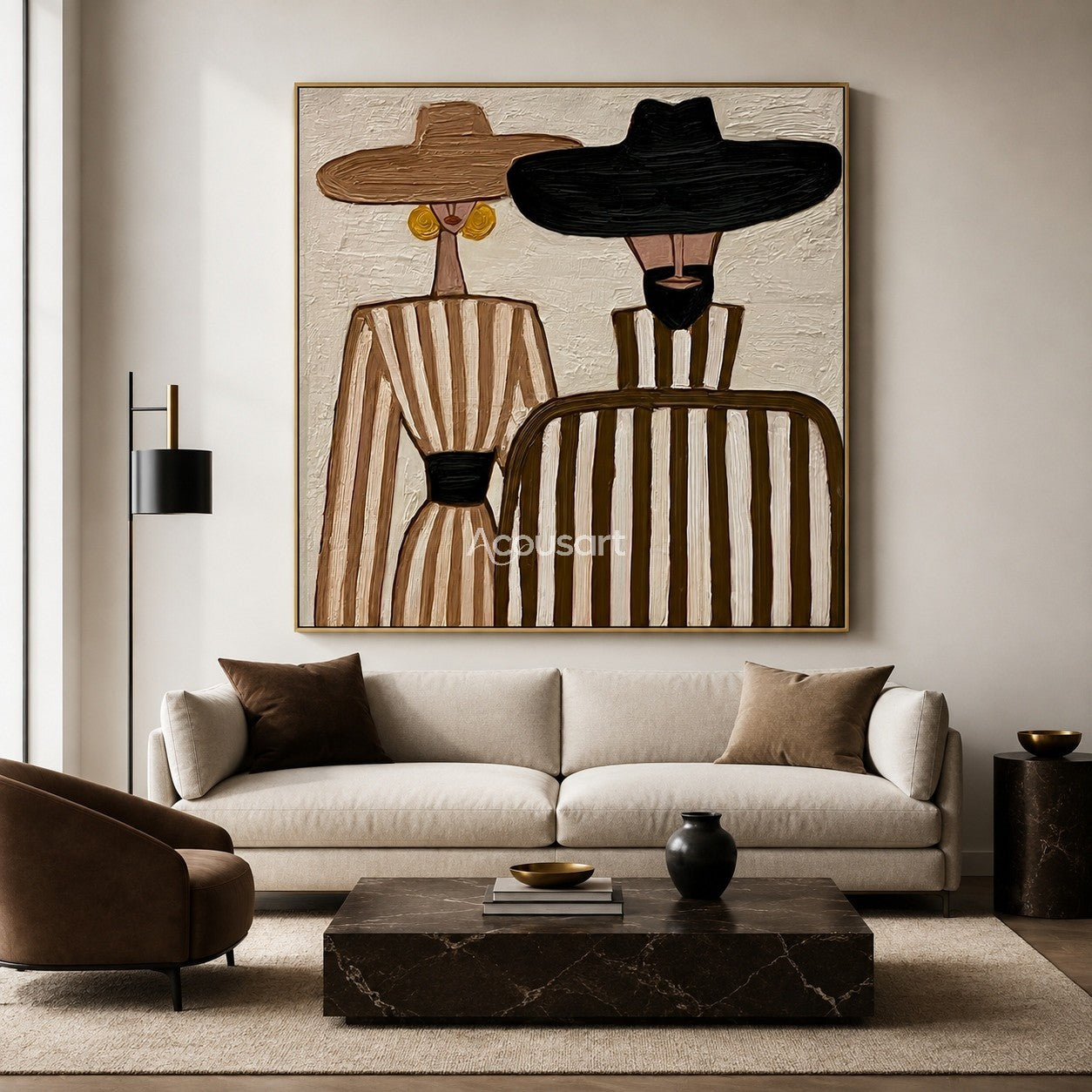 Textured abstract couple canvas art featuring a man and woman in wide-brim hats and striped outfits.