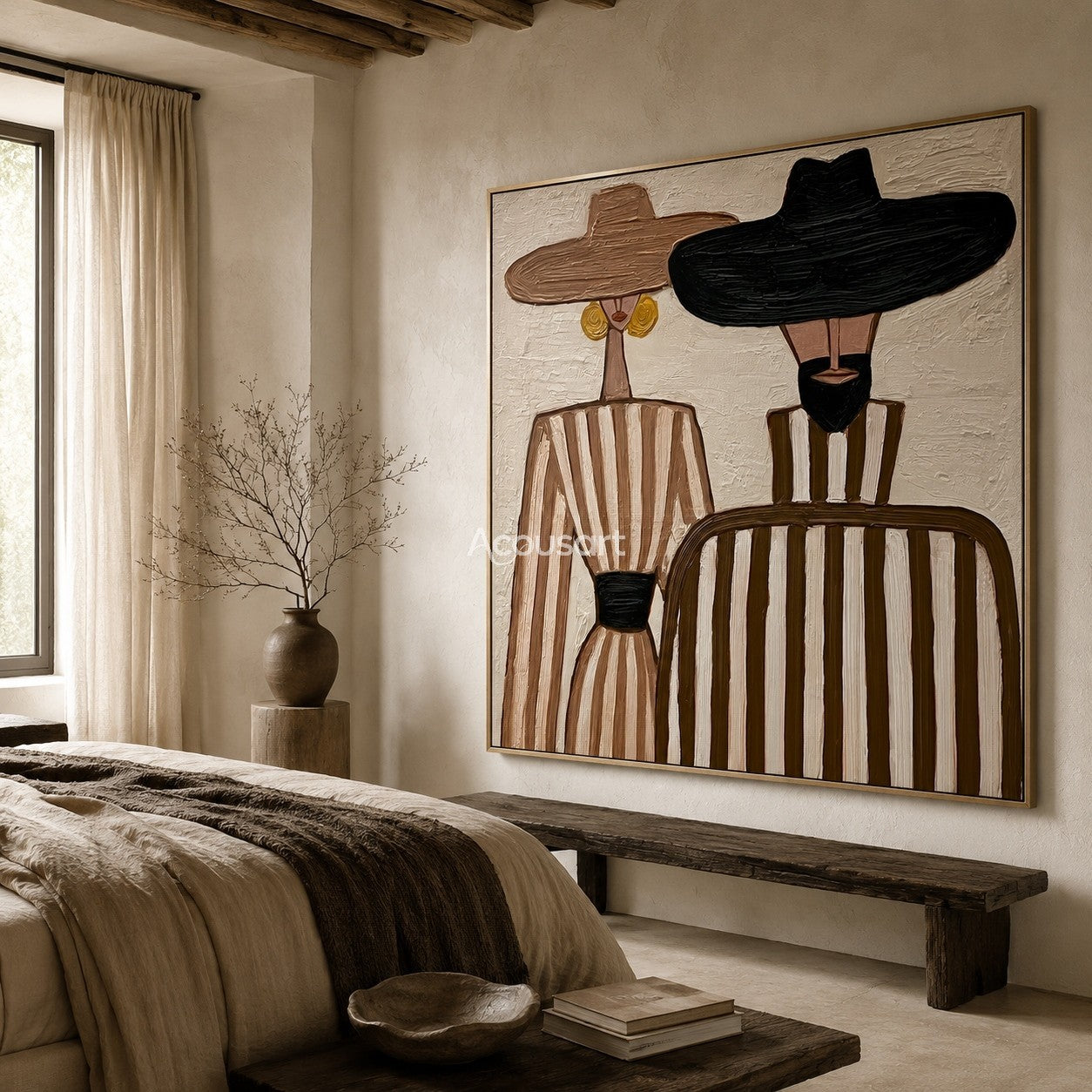 Textured abstract couple canvas art featuring a man and woman in wide-brim hats and striped outfits.