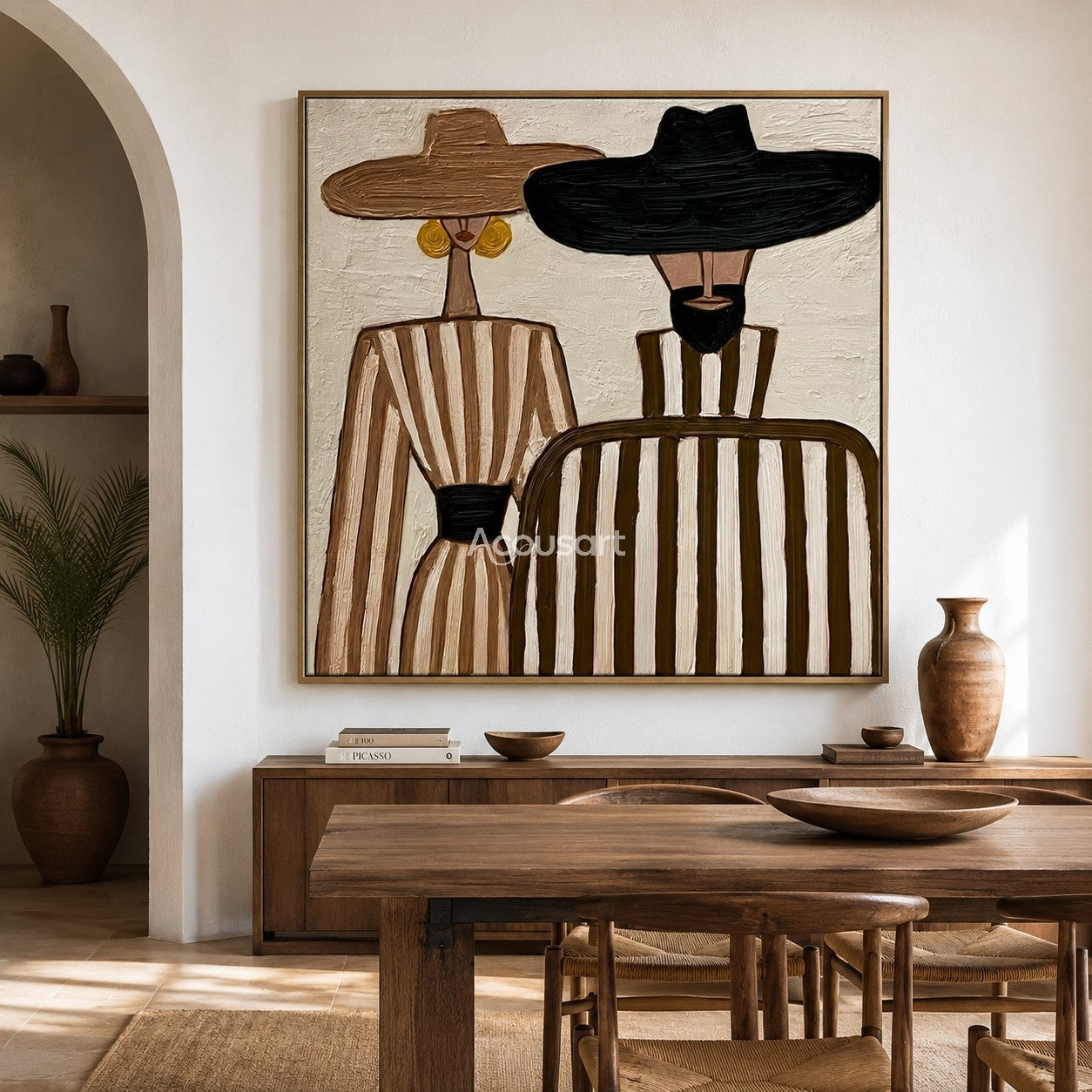 Textured abstract couple canvas art featuring a man and woman in wide-brim hats and striped outfits.